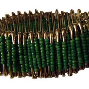 Handmade safety pin stretch bracelet with two shades of green seed beads